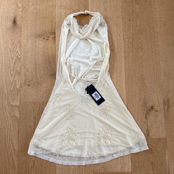 White Fox Mini Dress Beaded Sequins Cowl Neck Between The Lines Size XS Cream - Picture 6 of 8